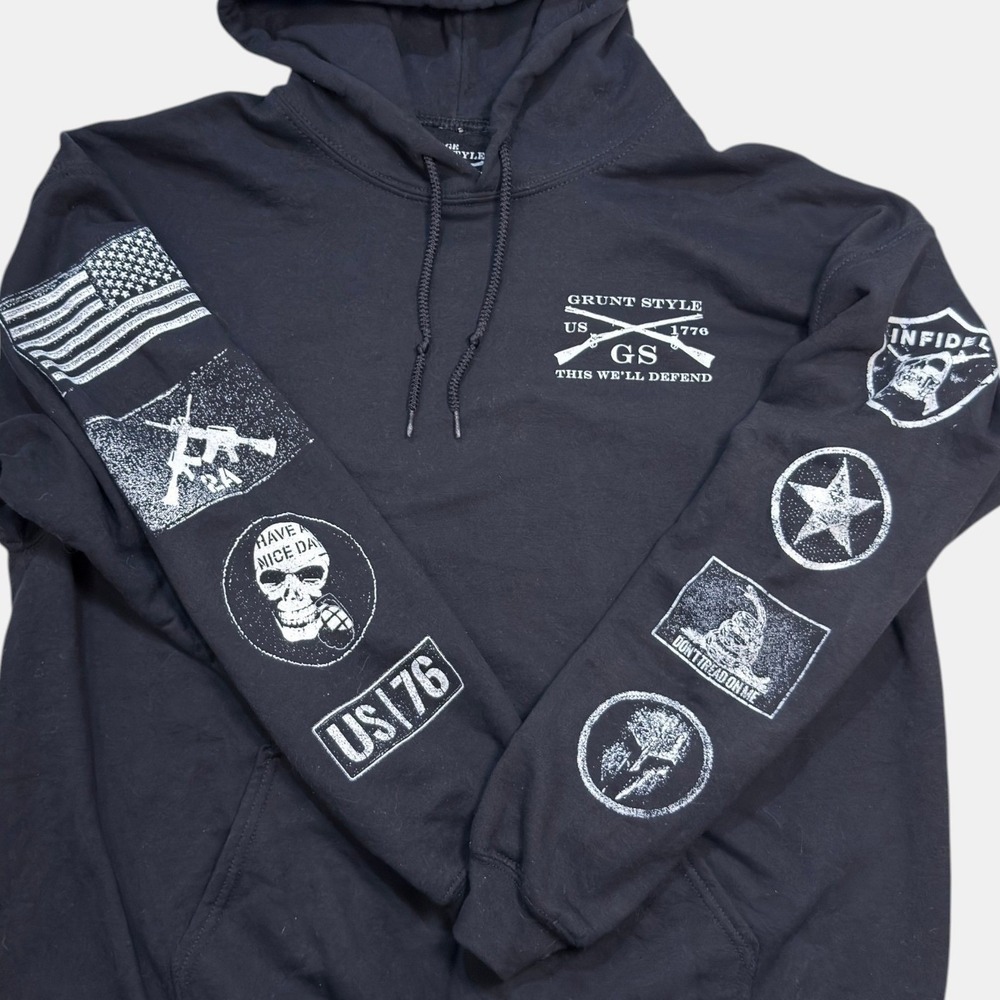 Grunt Style Hoodie Large Mens Graphic Sleeve Patriotic Pullover Black
